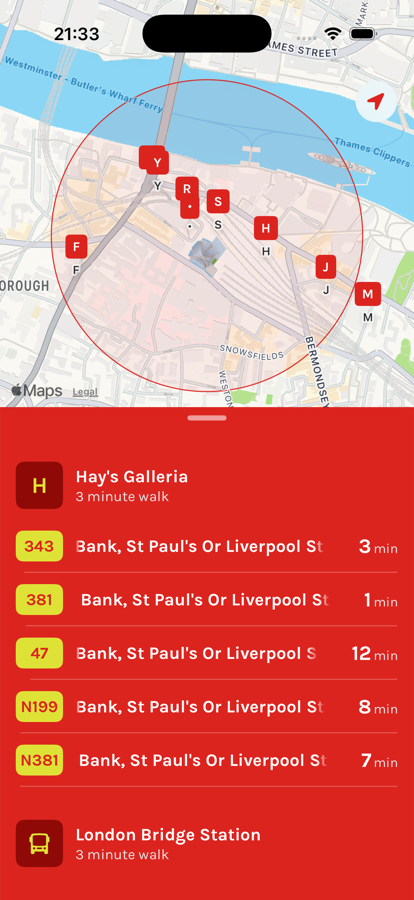 A stop opened to show each route and when its next bus is due
