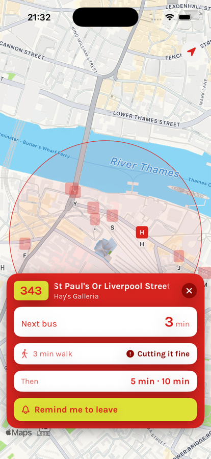 A card showing the next bus in three minutes, a three minute walk, and a reminder button