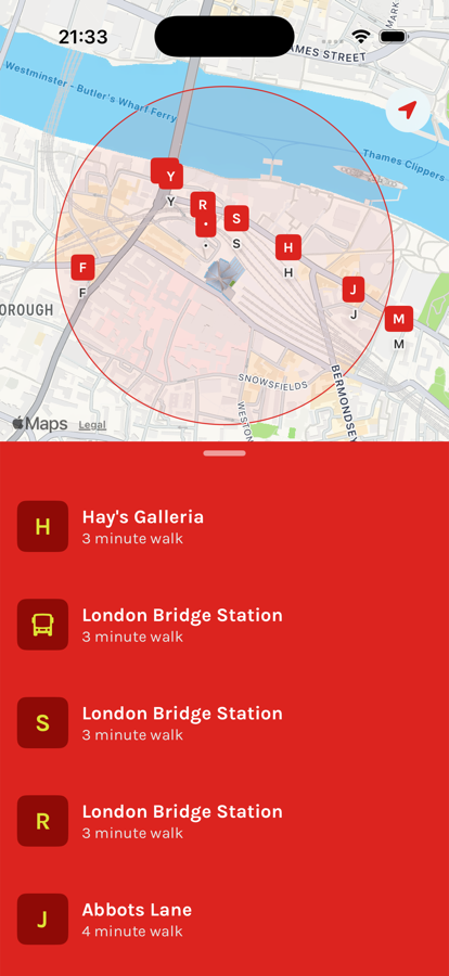 A map of London Bridge with nearby bus stops listed underneath