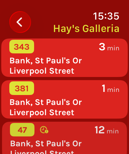Bus Watch on an Apple Watch, listing routes 343, 381 and 47 due at Hay's Galleria